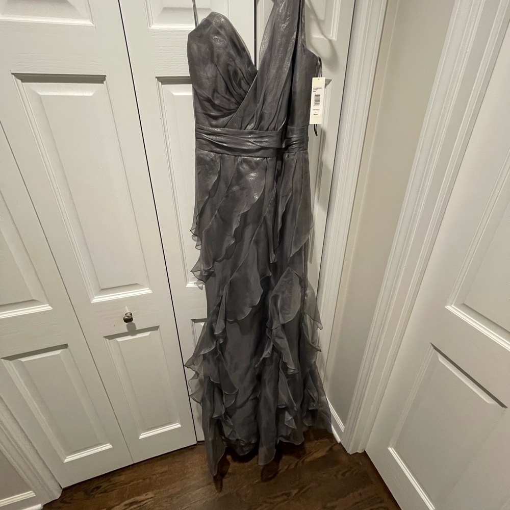 Silver ruffled Badgley Mischka dress